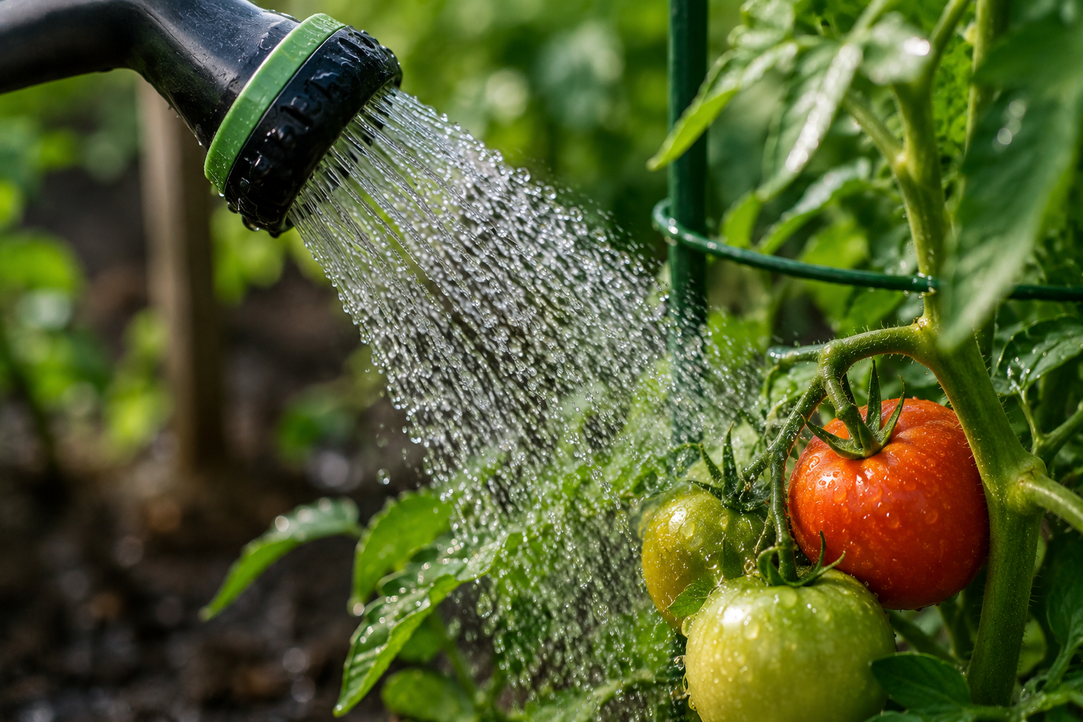 Water spraying onto tomato plants in a summer garden
