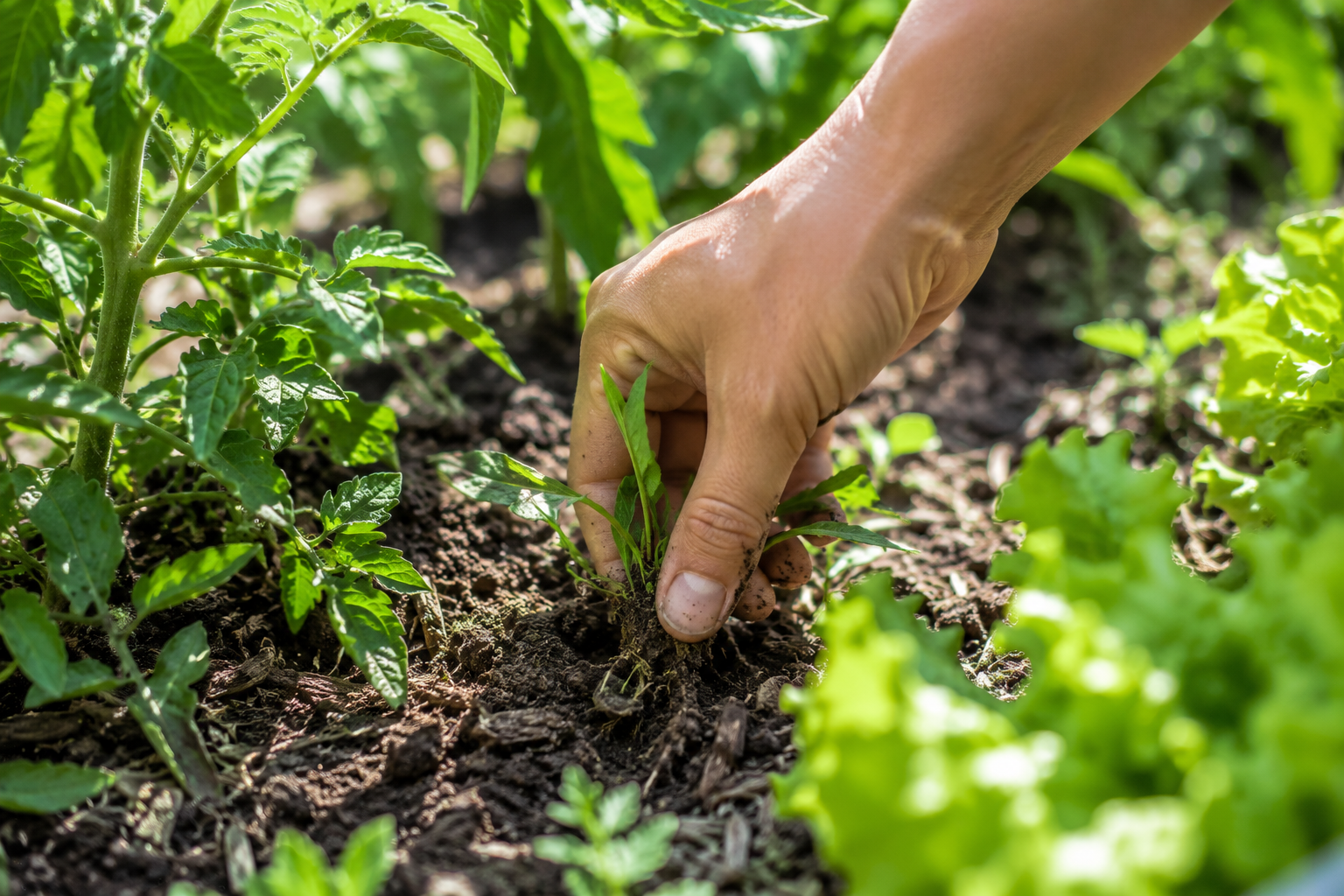 A hand pulling weeds from a summer garden bed