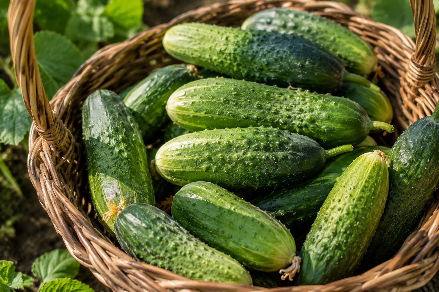 A basket filled with fresh cucumbers from the garden